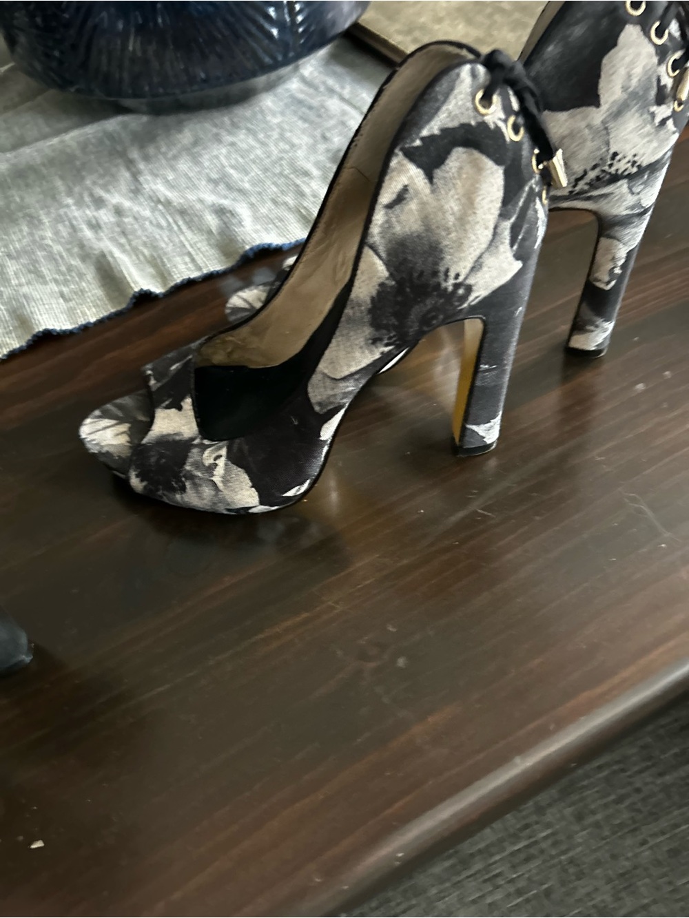 Nine West Floral Black and White Peep-Toe High Heels